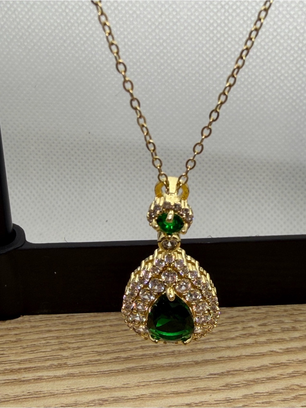 Gold Teardrop Necklace with Emerald Green Teardrop Stone and Crystal Halo - Picture 3 of 4